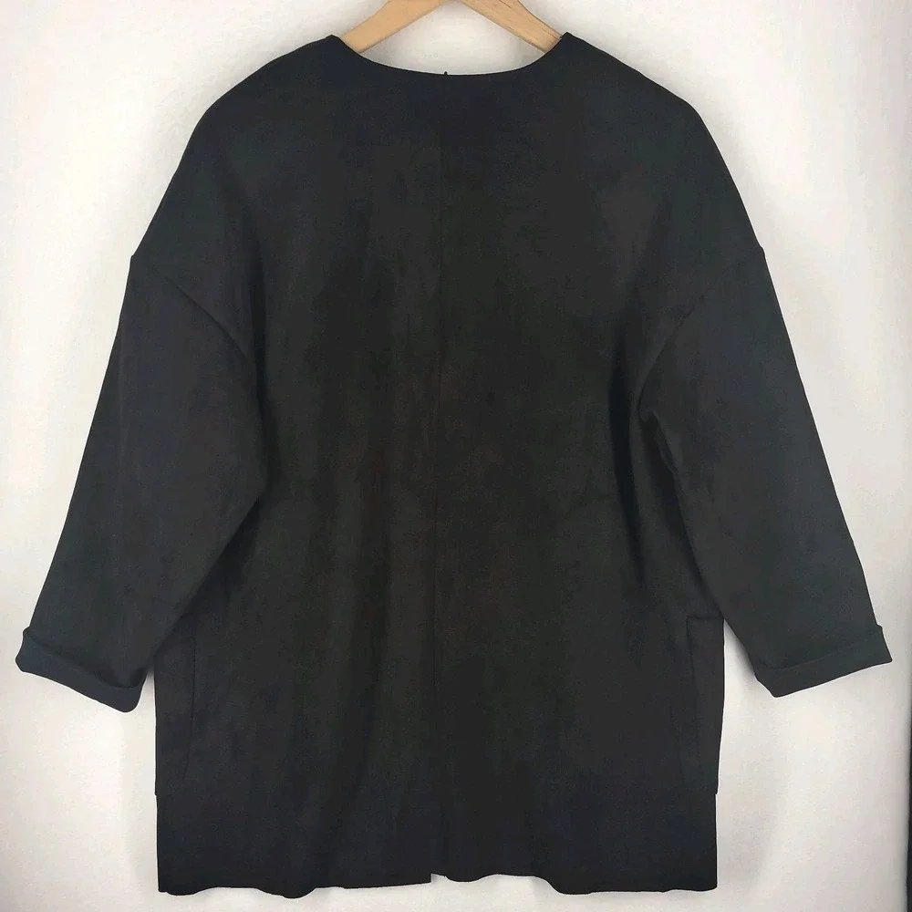 Joan Vass New York Faux Leather Jacket Size‎ L Black Open Casual Minimalist